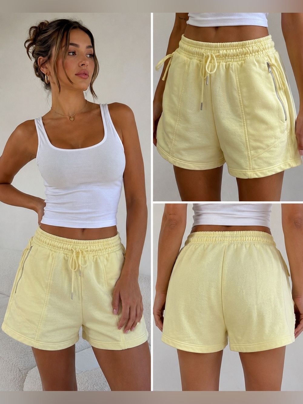 Ninety Percent Yellow Sweat Shorts Drawstring Zip Pocket Lounge Organic Cotton